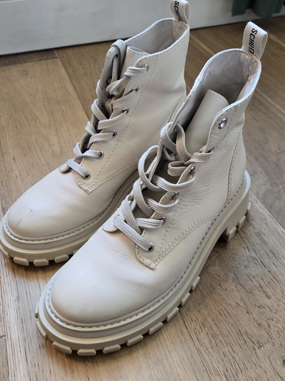 Schutz Women's Cream Leather Lace-Up Combat Boots